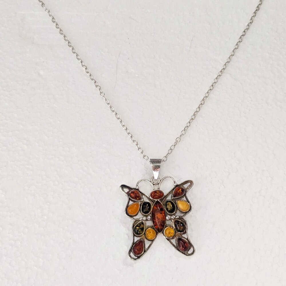 Genuine Multi Colored Baltic Amber 925 Silver Butterfly Pendant Necklace